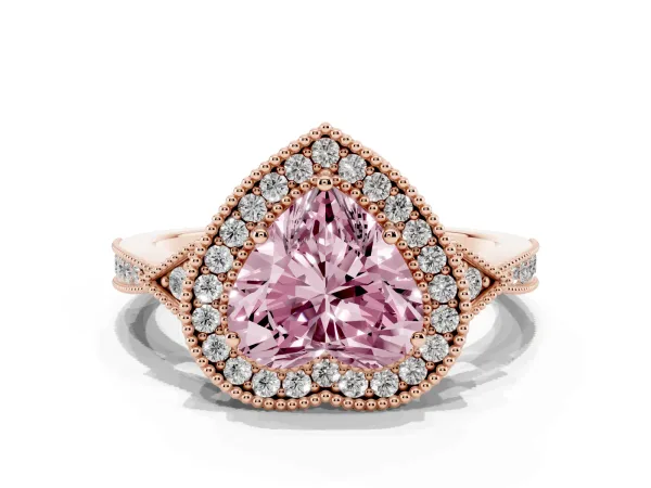 Fancy Pink Heart Cut Halo Round Diamond Milgrain Pave Engagement Ring Rose gold