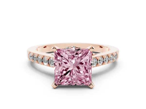 Fancy Pink Princess Cut Diamond Solitaire Ring with Crossover Gallery and Round Pavé Band Rose gold