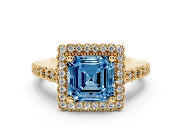 Fancy Blue Asscher Cut Cut Halo Pavé Solitaire Ring with Milgrain Band Yellow gold