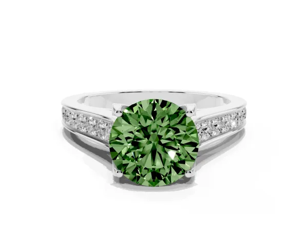 Fancy Green Round Cut Brilliant Cut Diamond Engagement Ring with Pavé Band and Four-Prong Setting Platinum