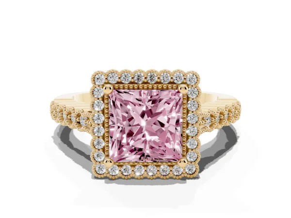 Fancy Pink Princess Cut Cut Halo Pavé Solitaire Ring with Milgrain Band Yellow gold