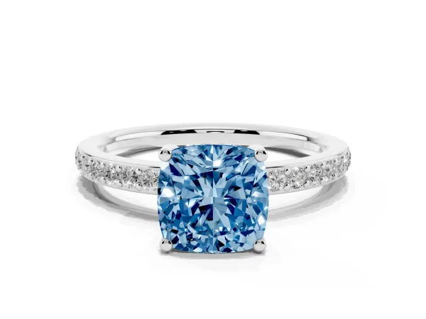 Fancy Blue Cushion Cut Cut Diamond Pavé Band Ring with Four-Prong Setting Platinum