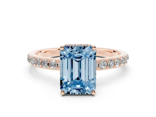 Fancy Blue Emerald Cut Diamond Solitaire Ring with Pavé Band and Hidden Halo Rose gold