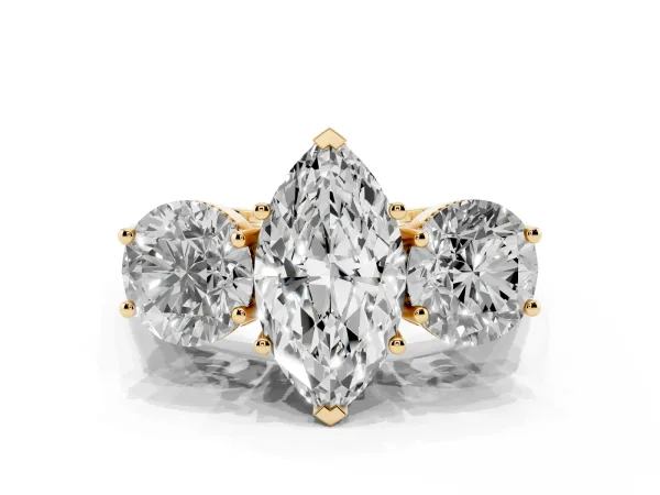 Three-Stone Marquise Cut Diamond Engagement Ring with Prong Setting on a Classic Band Yellow gold