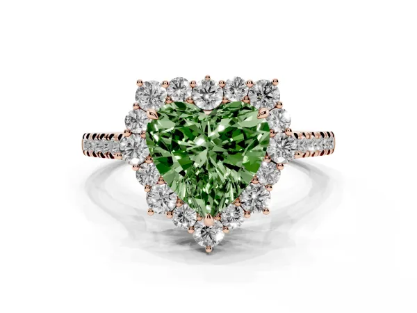 Fancy Green Heart Cut Halo Diamond Ring with Pavé Band and Prong Setting Rose gold