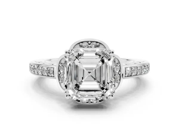 Asscher Cut Cut Halo Diamond Ring with Channel Set Band and Four-Prong Setting White gold