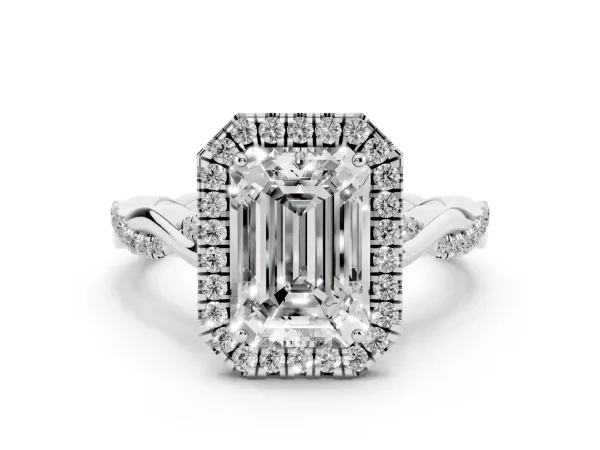 Emerald Cut Halo Twist Band Solitaire Ring Platinum