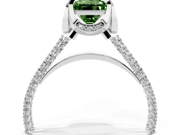 Fancy Green Emerald Cut Solitaire Pave Split Shank Ring with Four-Prong Setting Platinum