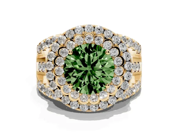 Fancy Green Round Cut Diamond Double Halo Ring with Round Pavé Split Shank and Prong Setting Yellow gold