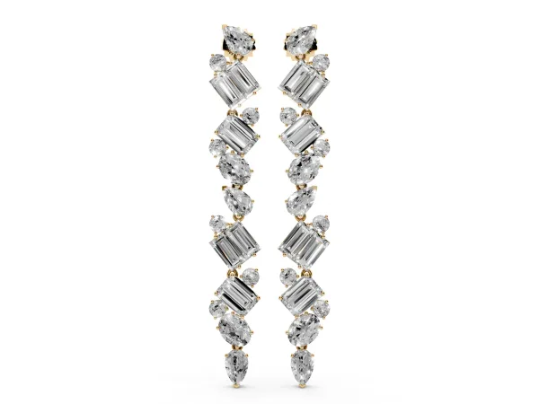 Pear, Emerald, and Round Diamond Linear Drop Earrings Yellow gold