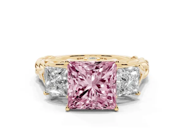 Fancy Pink Three-Stone Princess Cut Diamond Braided Band Ring with Four-Prong Setting Yellow gold