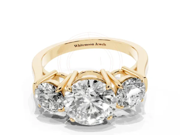 Three-Stone Round Cut Cut Diamond Ring with Round Accent Stones, Prong Setting, and Classic Band Yellow gold