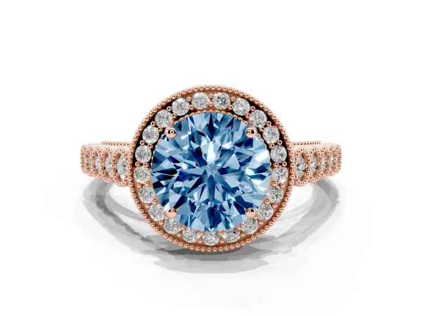 Fancy Blue Round Cut Halo Milgrain Solitaire with Bezel Set Side Stones and Pave Band Rose gold