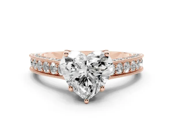 Heart Cut Cut Diamond Solitaire Ring with Milgrain Pave Band and Four Prong Setting Rose gold
