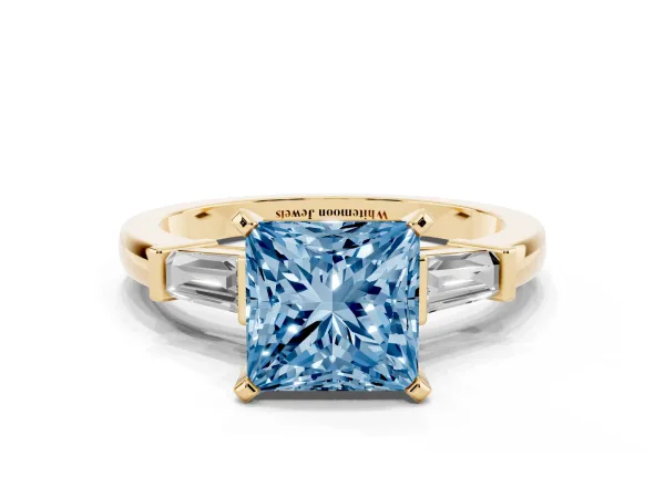 Fancy Blue Princess Cut Cut Diamond Solitaire Ring with Tapered Baguette Accents and Four-Prong Setting Yellow gold