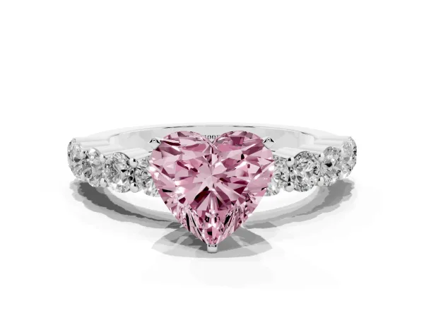 Fancy Pink Heart Cut Diamond Solitaire Ring with Shared Prong Round Side Stones White gold