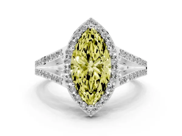 Fancy Yellow Marquise Cut Halo Split Shank Pave Diamond Ring with Four-Prong Setting White gold