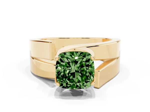 Fancy Green Modern Tension Set Cushion Cut Diamond Solitaire Wide Band Ring Yellow gold