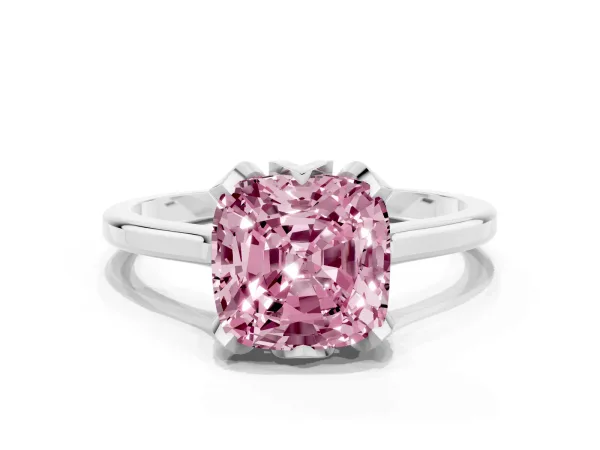 Fancy Pink Cushion Cut Diamond Solitaire Ring with Flower Prong Setting and Classic Band Platinum