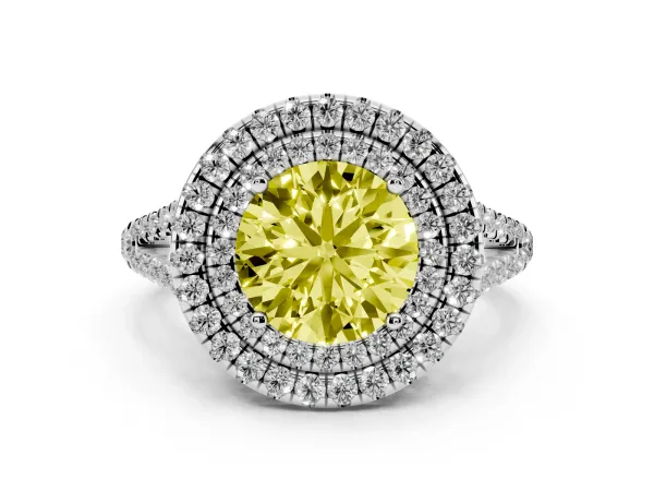 Fancy Yellow Round Cut Diamond Double Halo Ring with Pavé Band and Prong Setting Platinum