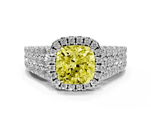 Fancy Yellow Cushion Cut Diamond Halo Engagement Ring with Triple Row Round Pavé Band and Prong Setting Platinum