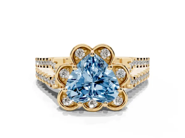 Fancy Blue Heart Cut Halo Diamond Floral Split Shank Engagement Ring Yellow gold