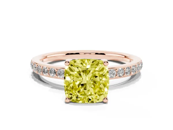 Fancy Yellow Cushion Cut Cut Diamond Pavé Band Ring with Four-Prong Setting Rose gold