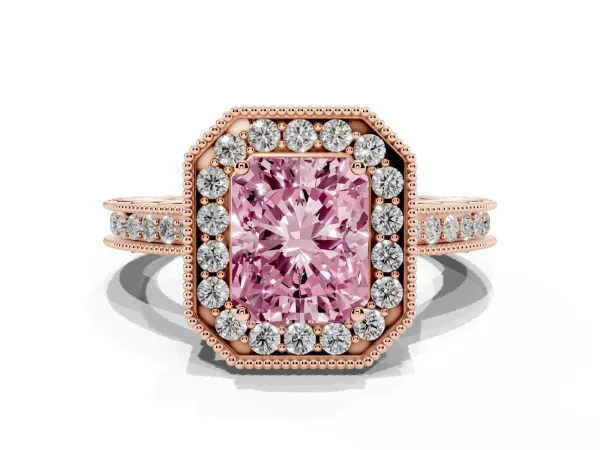 Fancy Pink Radiant Cut Diamond Milgrain Halo Engagement Ring with Round Pavé Band and Prong Setting Rose gold