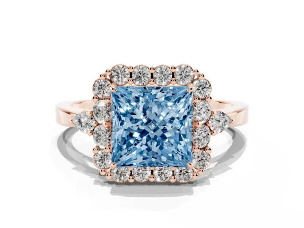 Fancy Blue Princess Cut Diamond Halo Ring with Pear Side Stones and Prong Setting Rose gold
