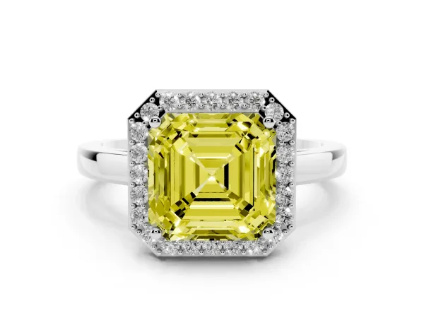 Fancy Yellow Asscher Cut Halo Diamond Ring with Solitaire Band and Prong Setting White gold