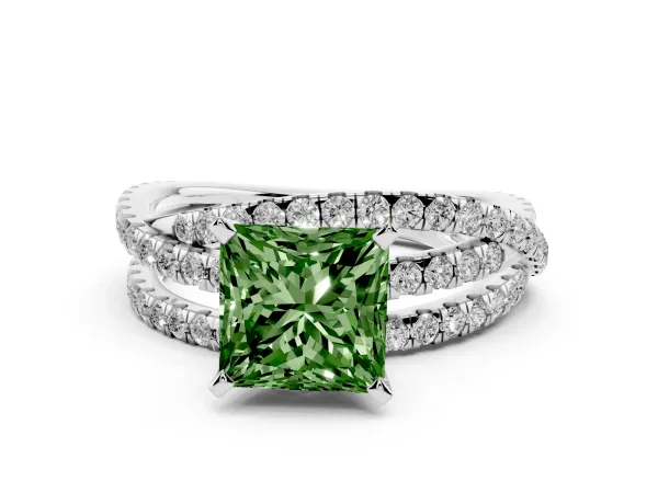 Fancy Green Princess Cut Solitaire Twist Band with Pavé Setting and Four-Prong Setting Platinum