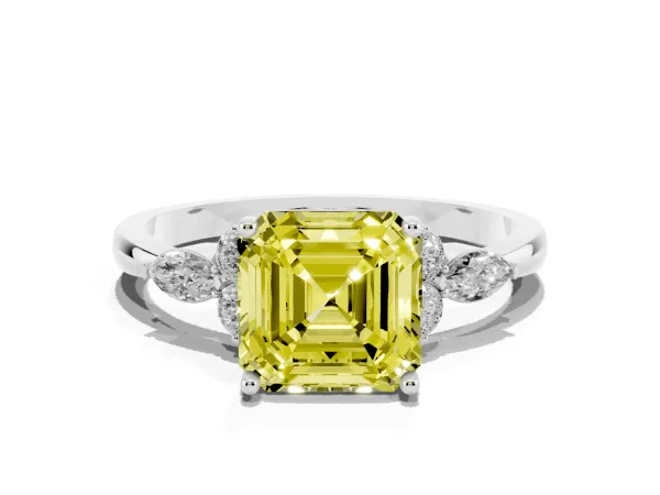 Fancy Yellow Asscher Cut Brilliant Diamond Solitaire Ring with Pear Side Stones and Four-Prong Setting White gold
