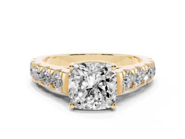 Cushion Cut Cut Diamond Solitaire Ring with Micro Pave Band and Prong Setting Yellow gold