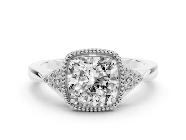 Hexagonal Halo Cushion Cut Diamond Solitaire with Pavé Band and Four-Prong Setting Platinum