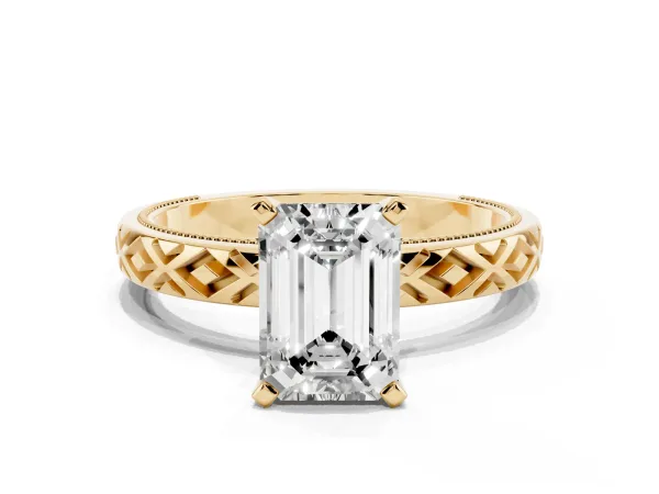 Emerald Cut Solitaire Diamond Ring with Milgrain and Black Enamel X Pattern Band Yellow gold