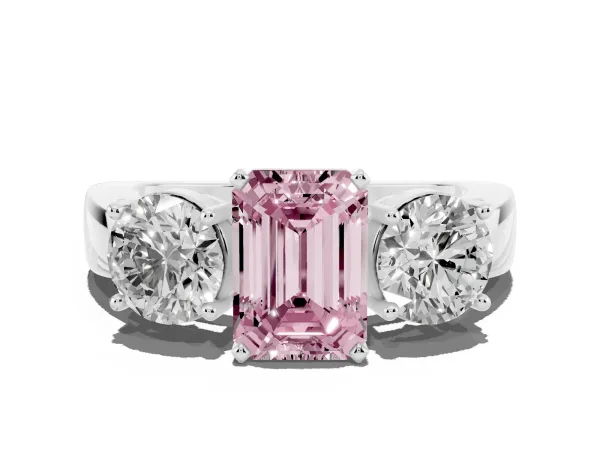 Fancy Pink Three-Stone Emerald Cut Diamond Ring with Round Side Stones, Classic Band, and Four-Prong Setting White gold