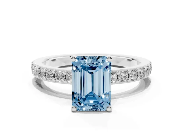 Fancy Blue Emerald Cut Cut Diamond Solitaire with Pave Band and Four-Prong Setting Platinum
