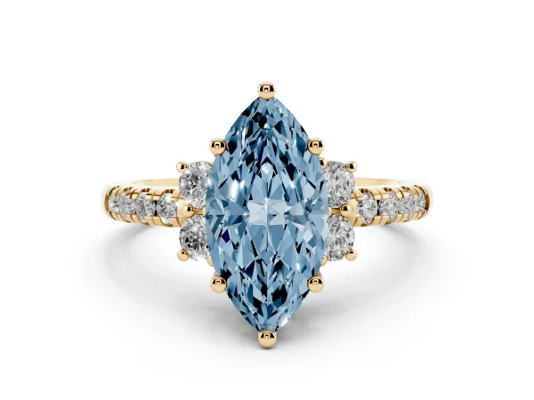 Fancy Blue Marquise Cut Diamond Three-Stone Pave Band with Four-Prong Setting Yellow gold