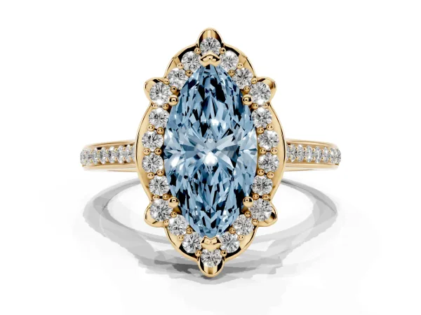Fancy Blue Marquise Cut Halo Round Diamond Pave Band with Four-Prong Setting Yellow gold