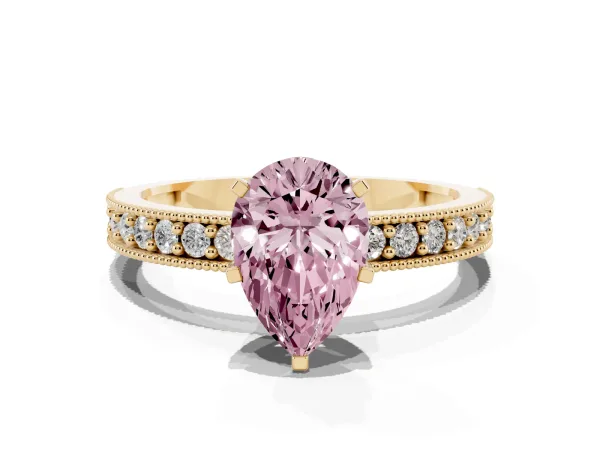 Fancy Pink Pear Cut Diamond Milgrain Pavé Engagement Ring with Four-Prong Setting Yellow gold