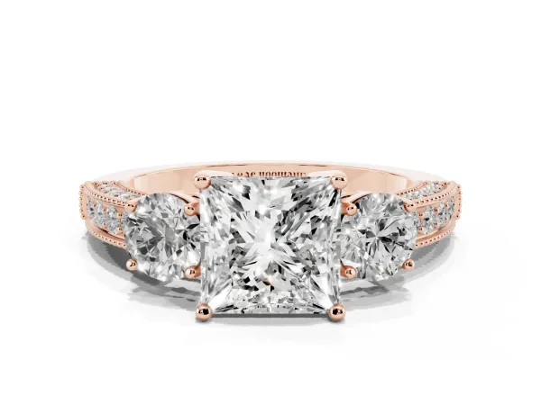 Princess Cut Three-Stone Diamond Ring with Pavé Band and Four-Prong Setting Rose gold
