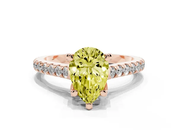 Fancy Yellow Pear Cut Brilliant Diamond Solitaire with Pavé Band and Four-Prong Setting Rose gold