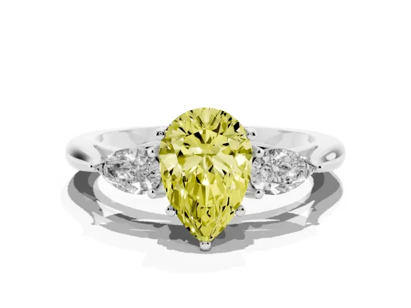 Fancy Yellow Three-Stone Pear Cut Brilliant Diamond Solitaire Ring with Tapered Band and Four-Prong Setting White gold