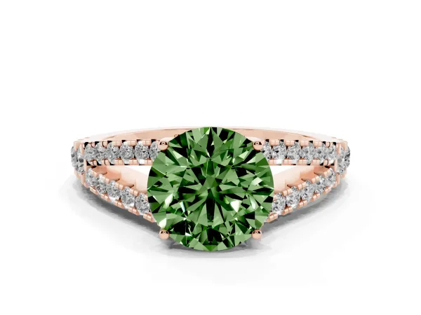 Fancy Green Round Cut Diamond Split Shank Engagement Ring with Round Pavé and Prong Setting Rose gold