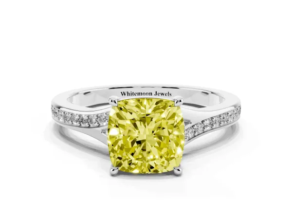Fancy Yellow Cushion Cut Diamond Solitaire Ring with Pavé Band and Prong Setting White gold