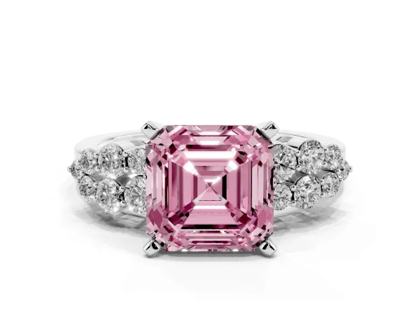 Fancy Pink Asscher Cut Cluster Diamond Engagement Ring with Pavé Band and Four-Prong Setting Platinum