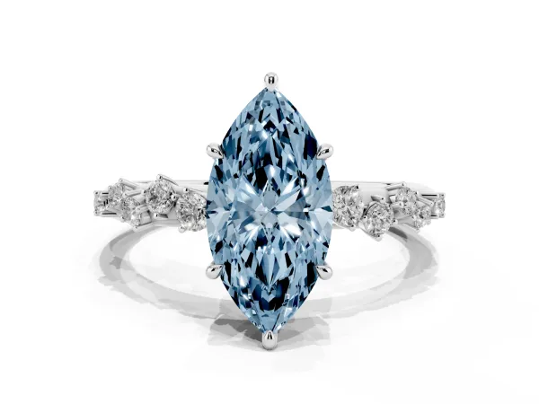 Fancy Blue Marquise Cut Diamond Cluster Side Stone Solitaire Ring with Prong Setting Platinum