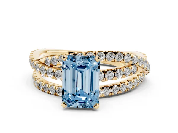 Fancy Blue Emerald Cut Solitaire Twist Band with Pavé Setting and Four-Prong Setting Yellow gold