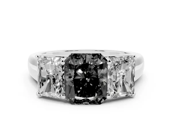 Fancy Black Radiant Cut Three-Stone Diamond Ring with Prong Setting on a Classic Band Platinum