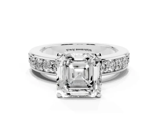 Asscher Cut Diamond Engagement Ring with Channel Set Round Band and Prong Setting White gold